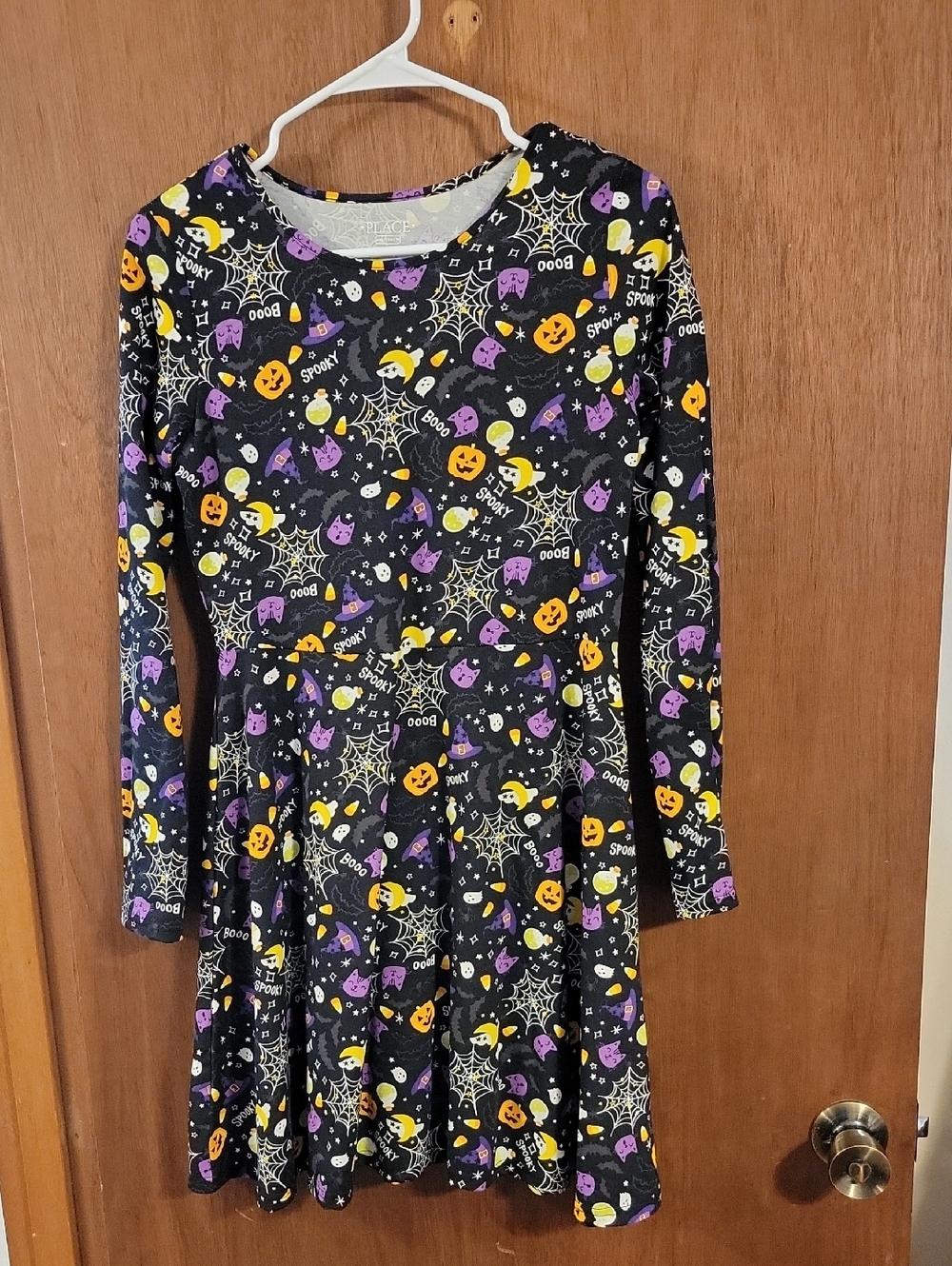Kids' Halloween Print Long-Sleeve Skater Dress - Black